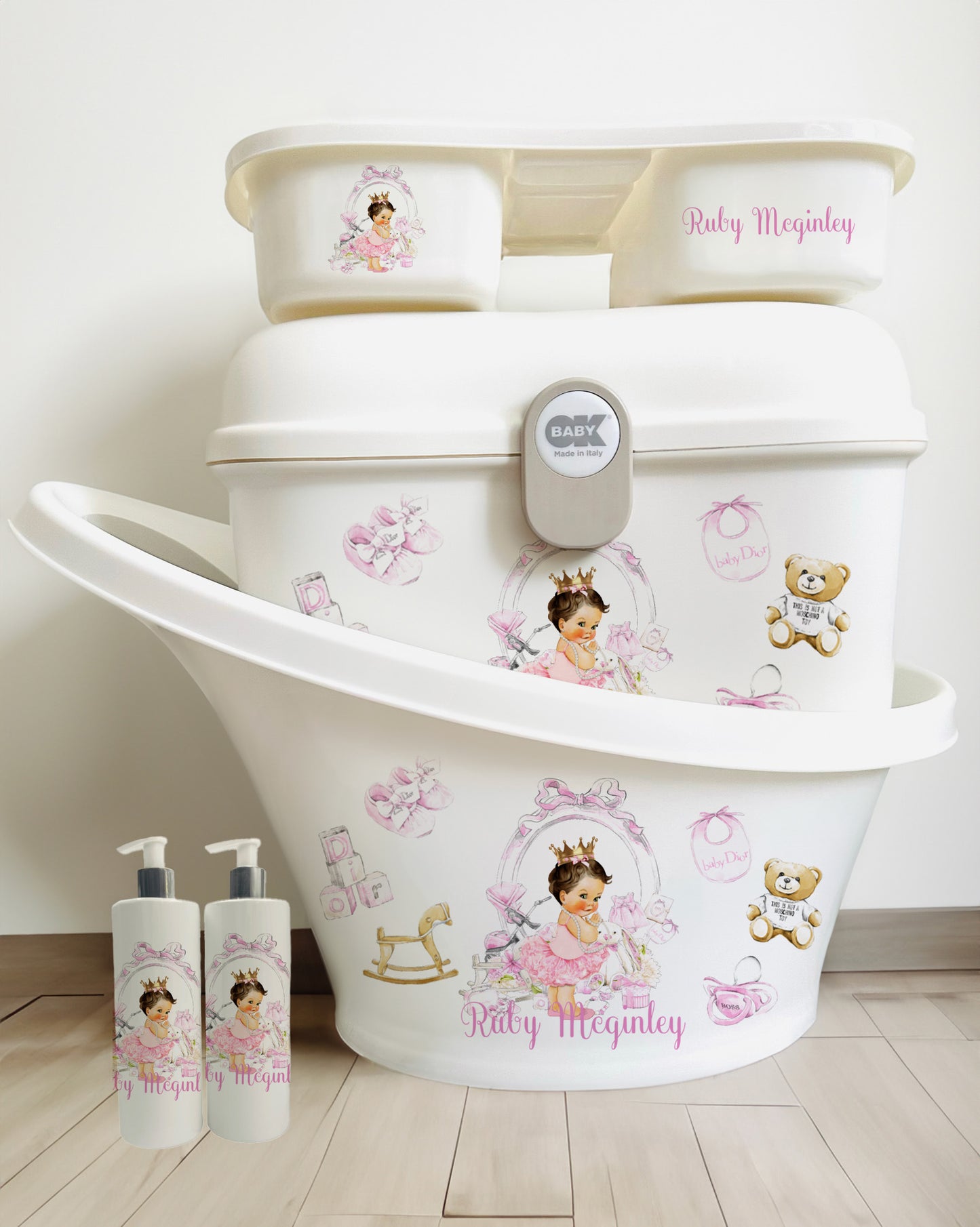 Shnuggle bath personalised set Lux Pink Brown Hair baby