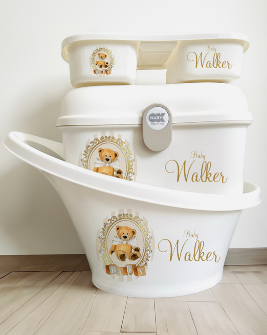 Shnuggle bath personalised set Stripe bear Cream