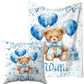 Personalised Stripe Blue balloon Bear Blanket and pillow sets
