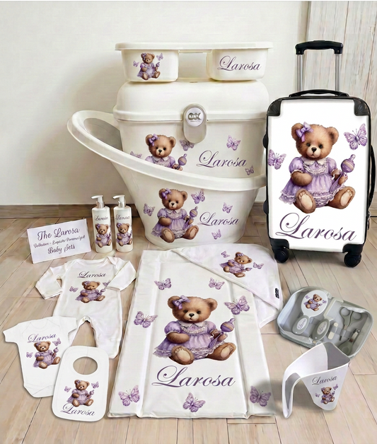 Shnuggle personalised baby bundle Purple bear