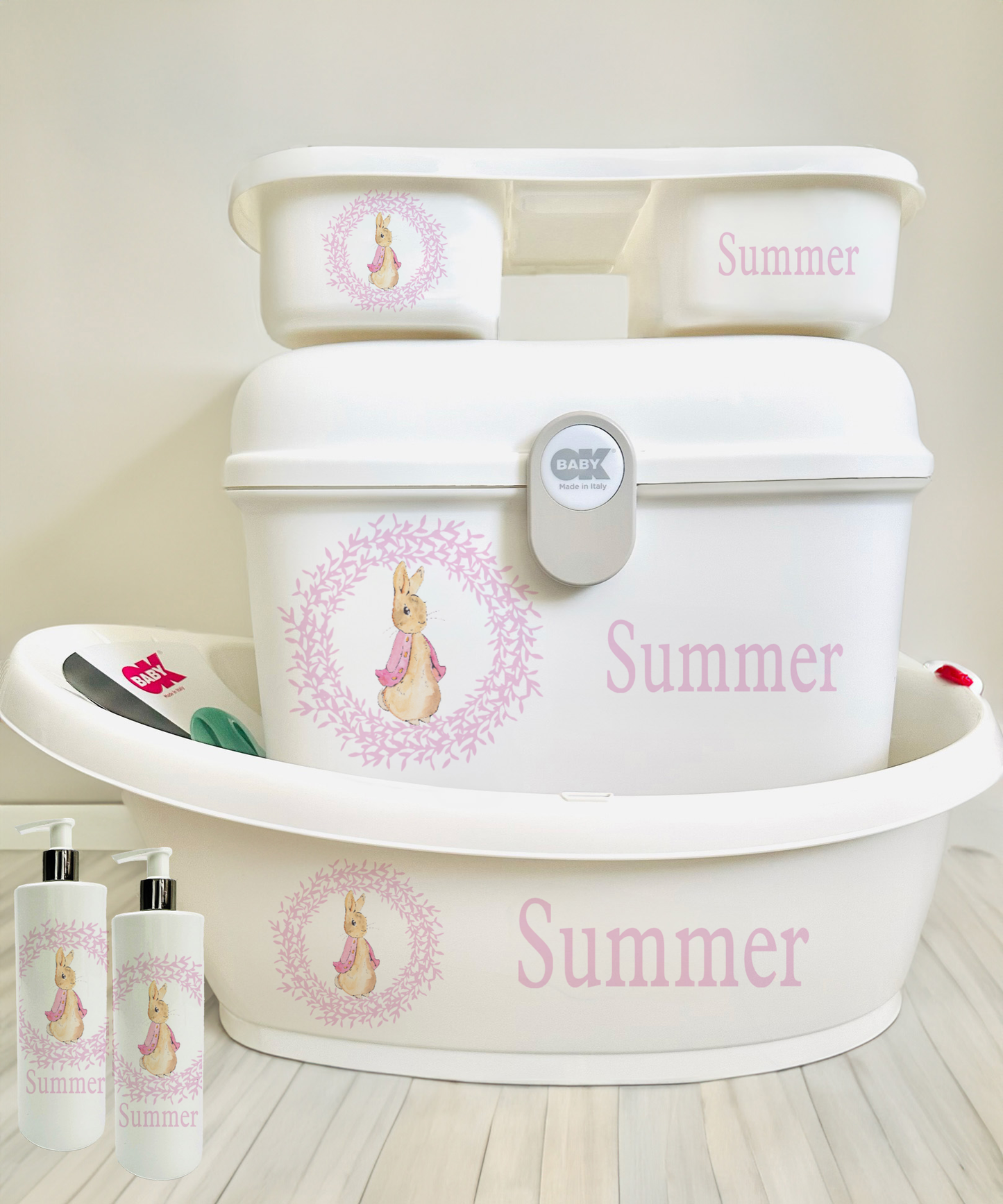 Ok baby Personalised bath set Peter Rabbit pink