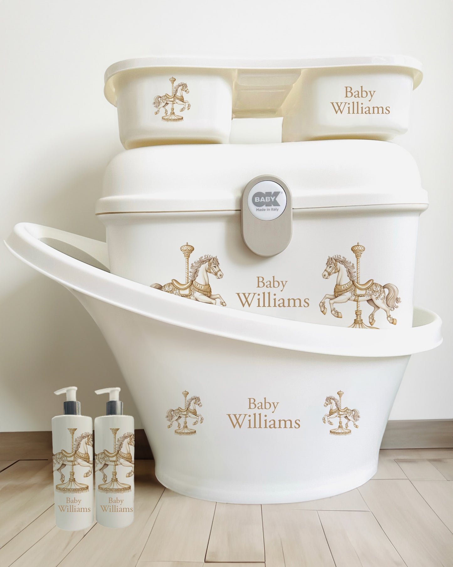 Shnuggle bath personalised set Gold horse