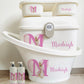 Shnuggle bath personalised set Peter rabbit pink inital