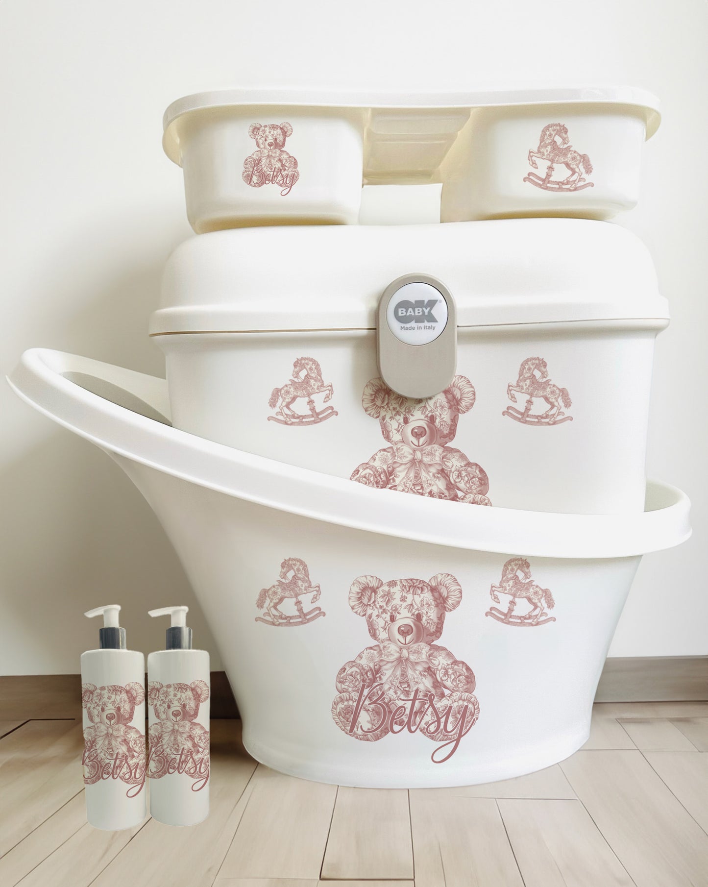 Shnuggle bath personalised set vintage bear pink