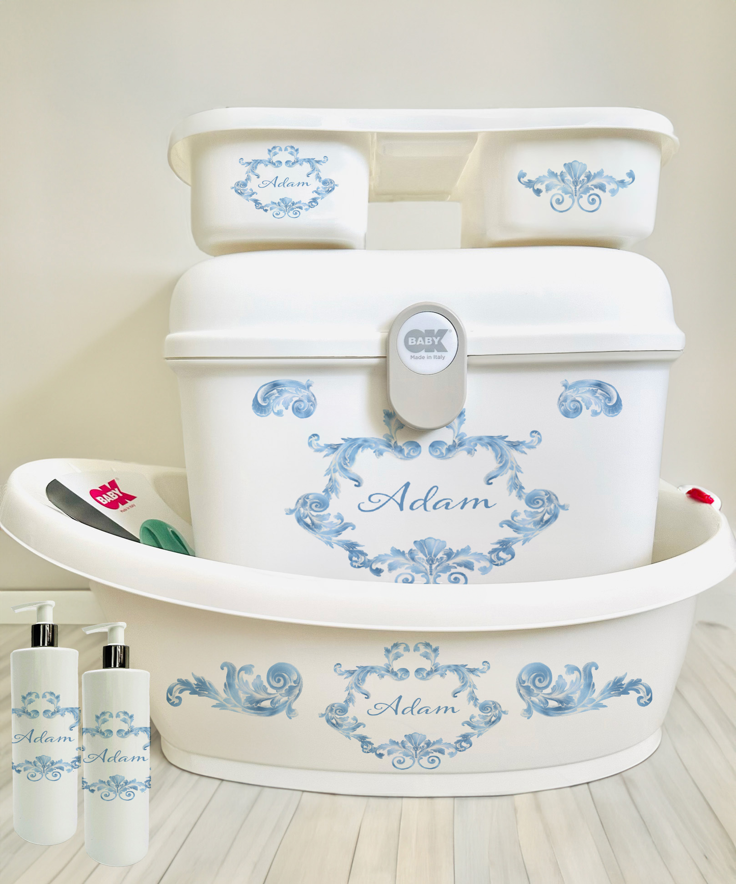 Ok Baby Personalised Swirls Blue Bath set