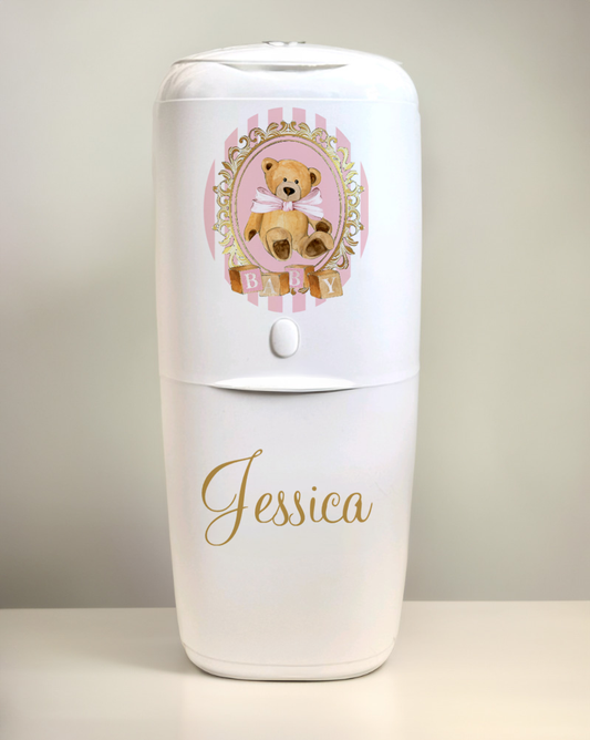 Angelcare Nappy Disposal System with 1 Refill Personalised Vintage pink bear strip