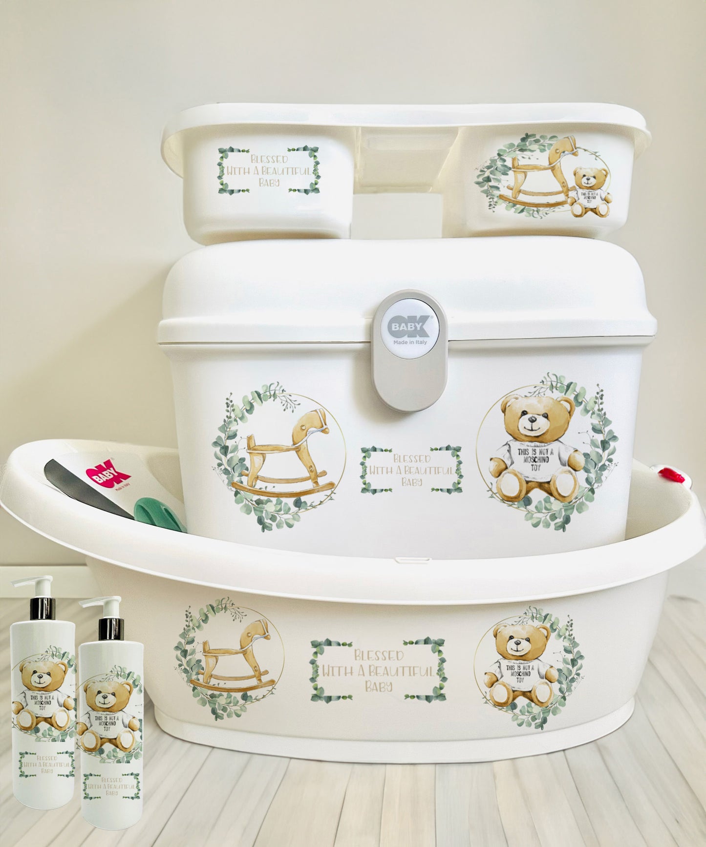 Ok Baby Personalised Neutral Teddy & Horse Bath set