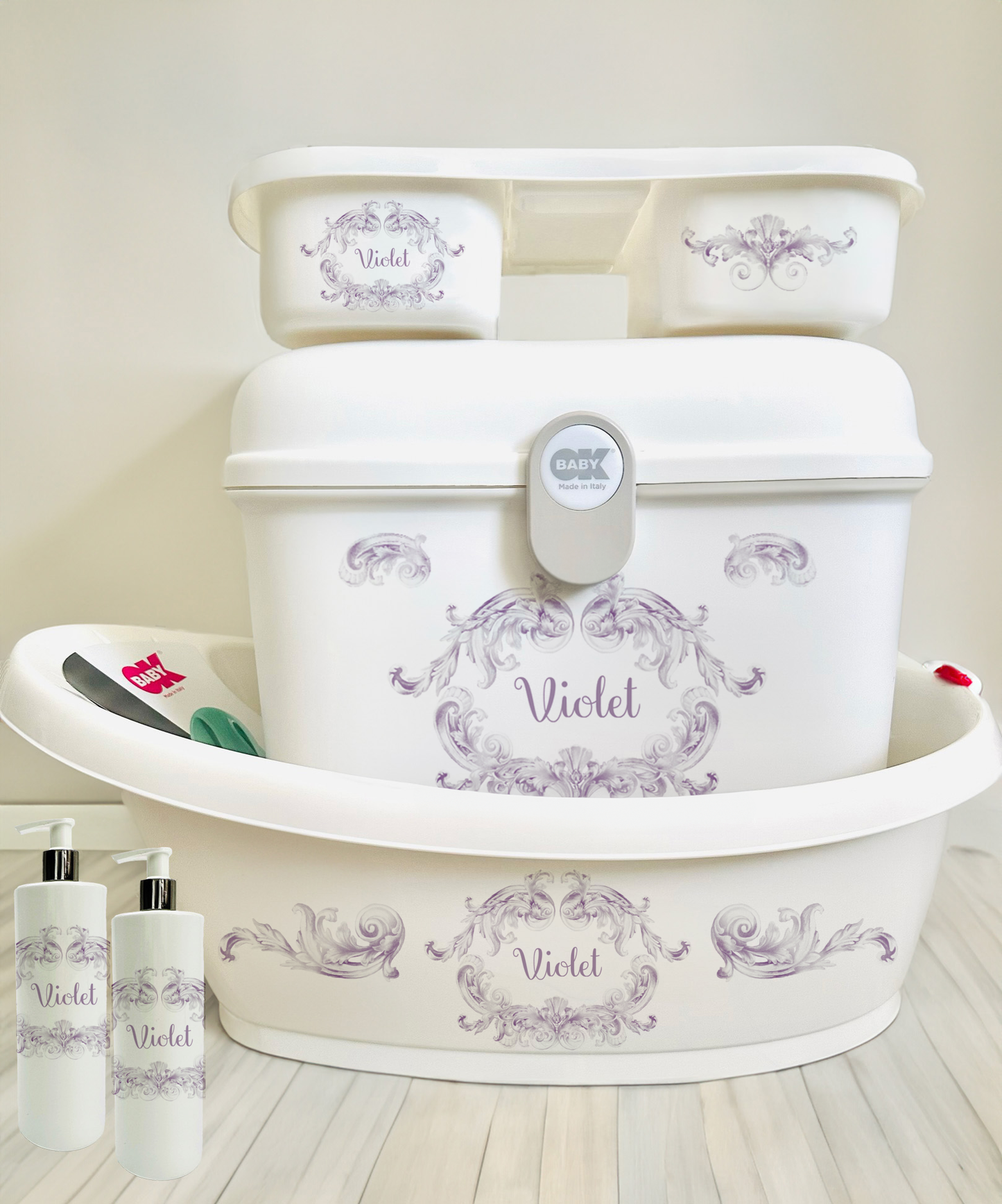 Ok Baby Personalised Swirls Purple Bath set