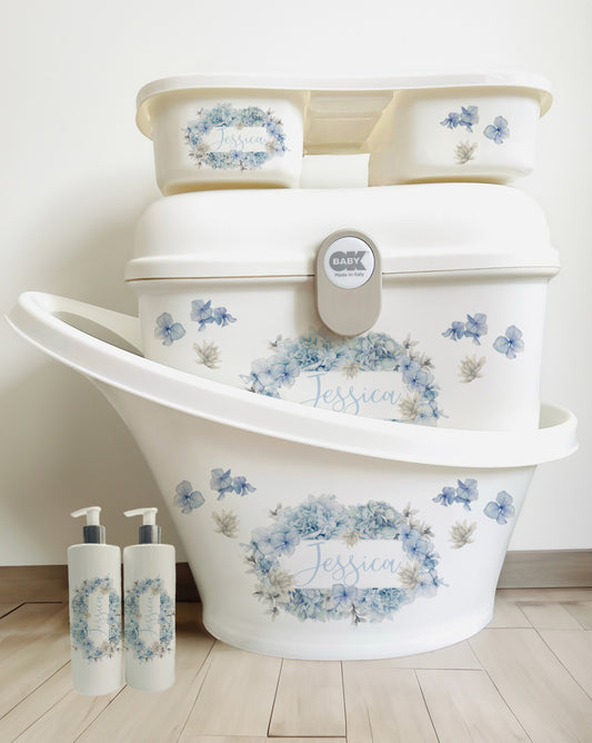 Shnuggle bath personalised set Flowers Blue