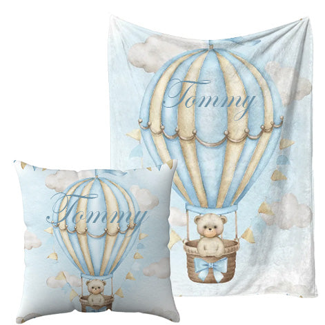 Embroidered Name Hotair Balloon Blue Blanket and pillow sets