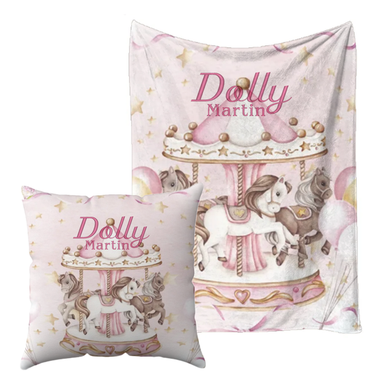 Embroidered Name Pink carousel Blanket and pillow sets