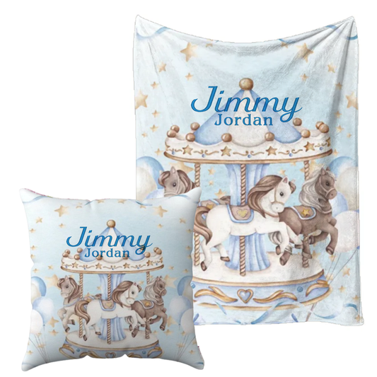 Embroidered Name Blue carousel Blanket and pillow sets