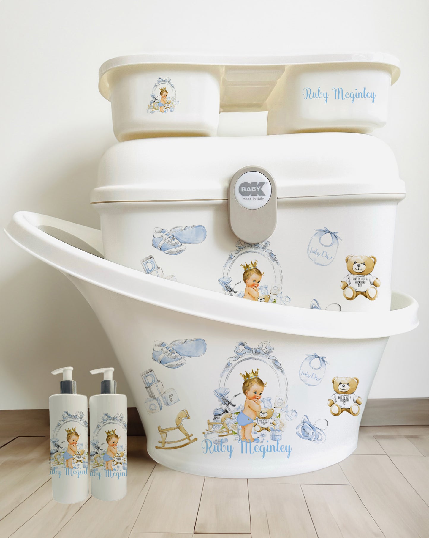 Shnuggle bath personalised set Lux blue blonde hair baby