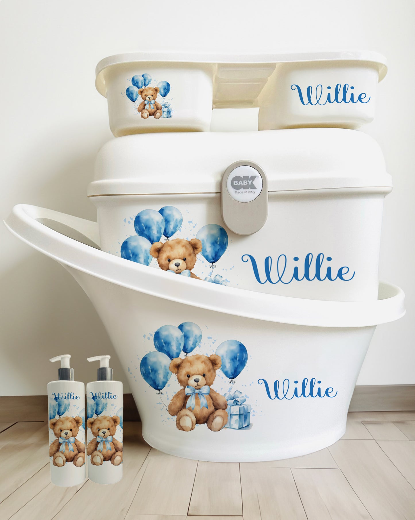 Shnuggle bath personalised set Blue bear