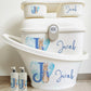 Shnuggle bath personalised set Peter rabbit wreath