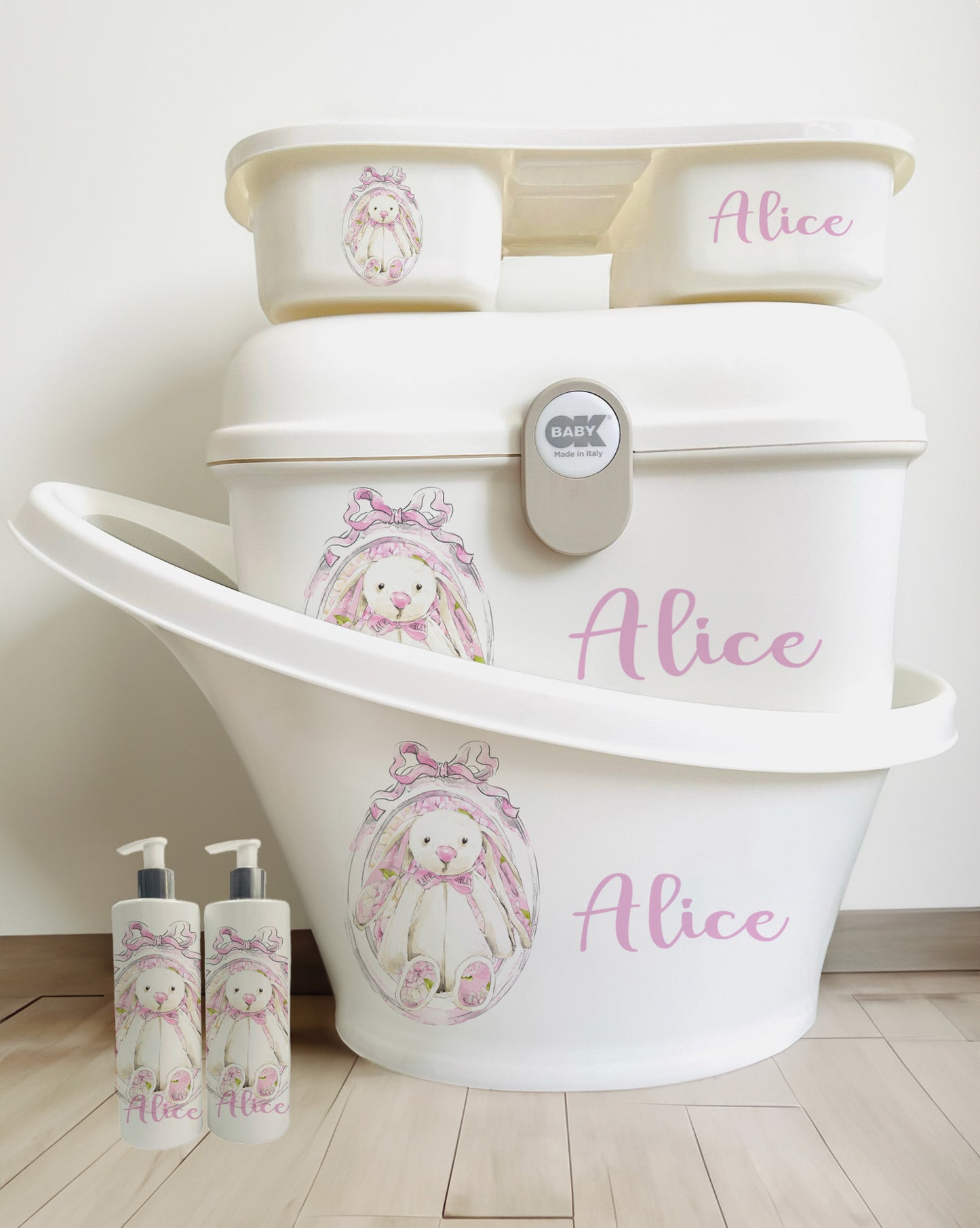 Shnuggle bath personalised set Lux pink bunny