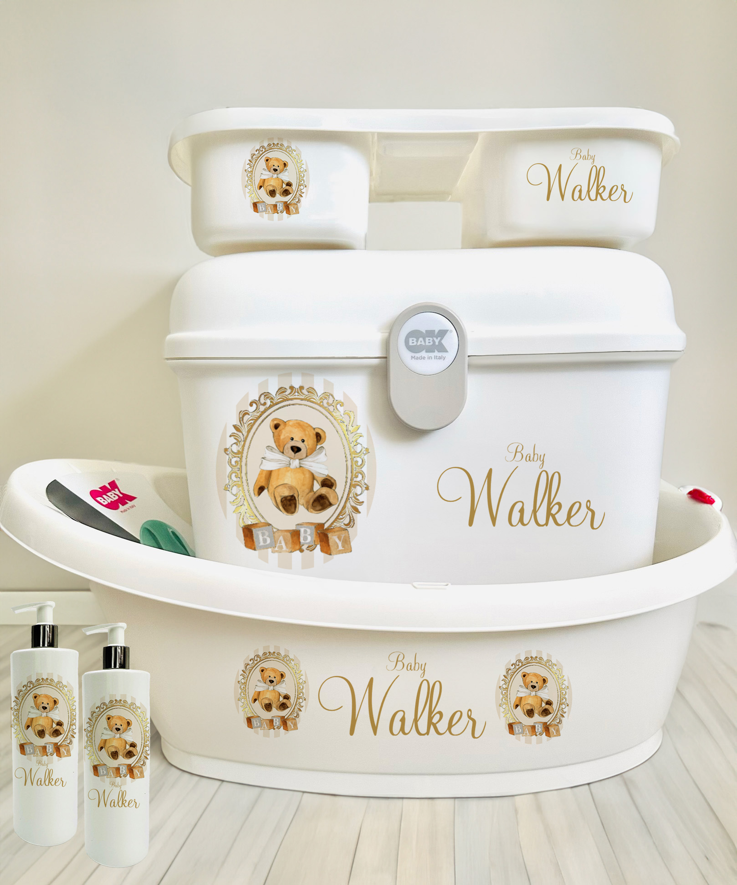 Ok Baby Personalised Vintage Stripe Bear Bath set Cream