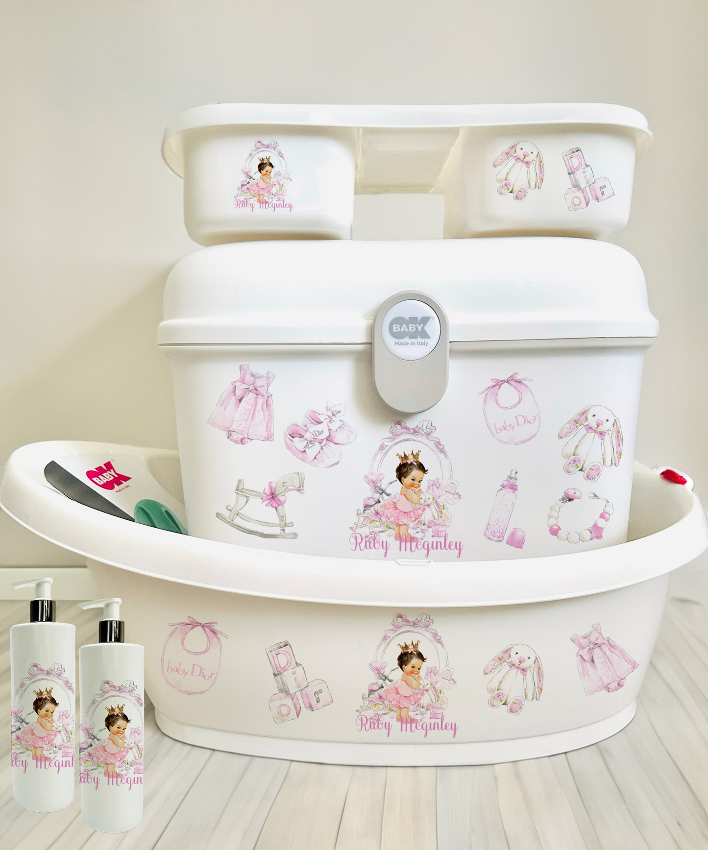 Ok Baby Personalised Lux Pink Brown Hair Baby Bath set