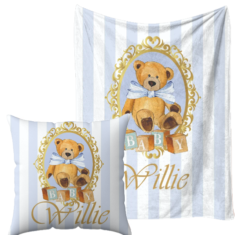 personalised Stripe Blue Bear Blanket and pillow sets