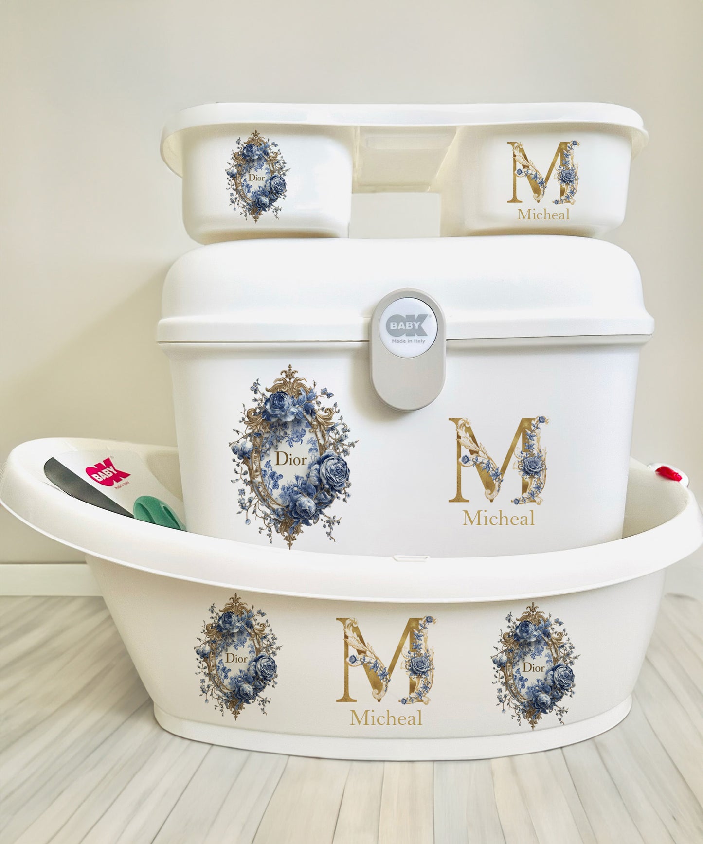 Ok baby bath personalised set Blue/Gold rose