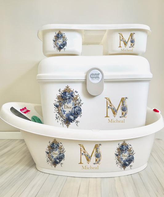Ok baby bath personalised set Blue/Gold rose
