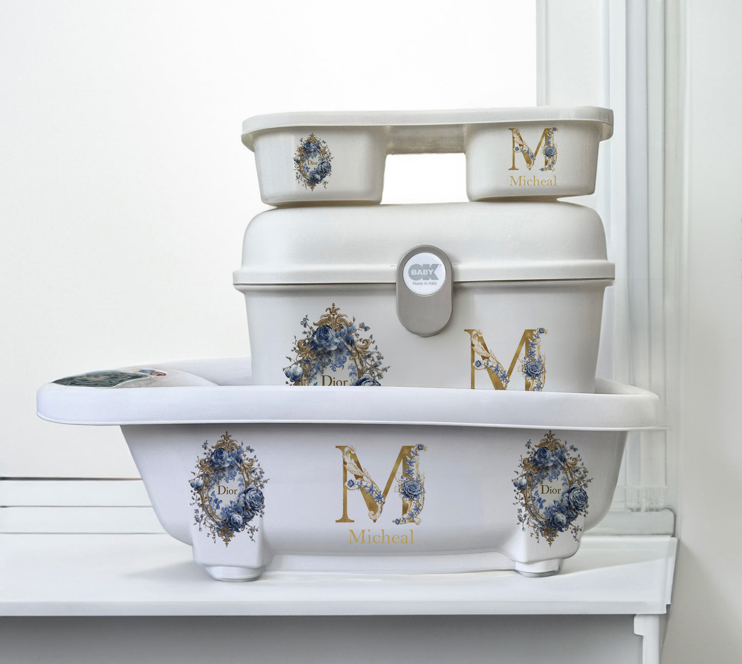 Aqua scale & Ok Baby Bath Blue/Gold rose