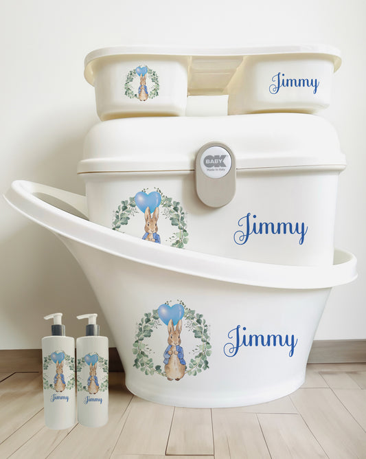 Shnuggle bath personalised set Peter rabbit wreath