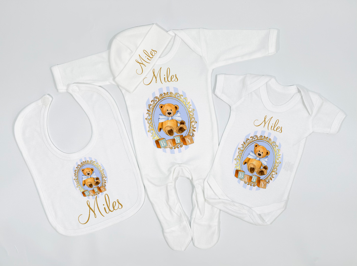 Ok Baby Personalised Vintage Stripe Bear Bath set Blue