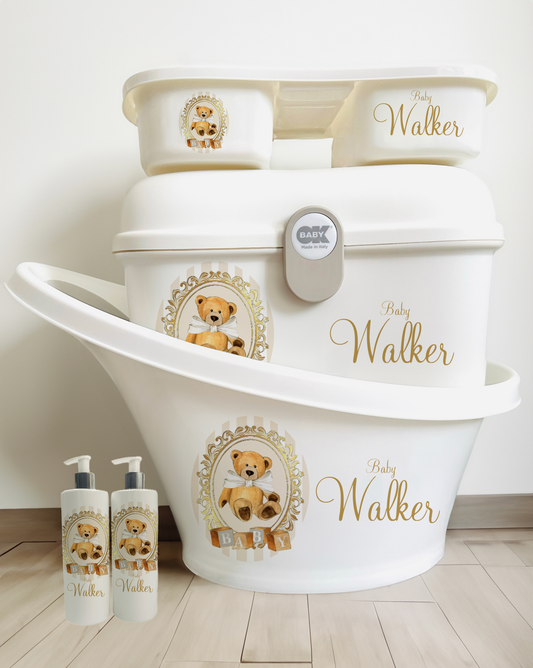 Shnuggle Bath Personalised set Stripe Vintage Bear Cream