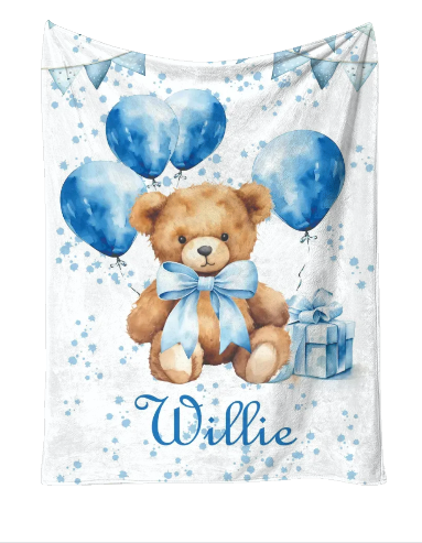Personalised Stripe Blue balloon Bear Blanket and pillow sets