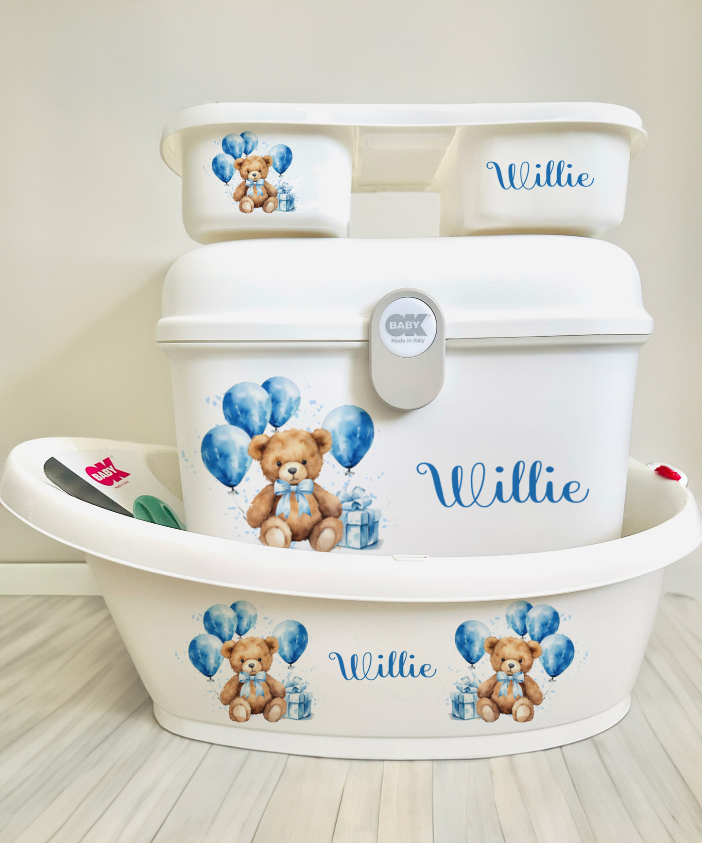 Ok baby bath personalised set Blue balloon bear