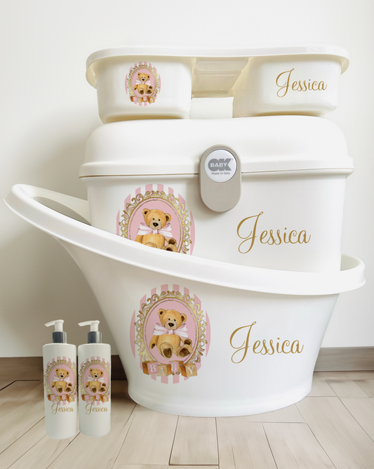 Shnuggle bath Personalised set Stripe Vintage Bear Pink