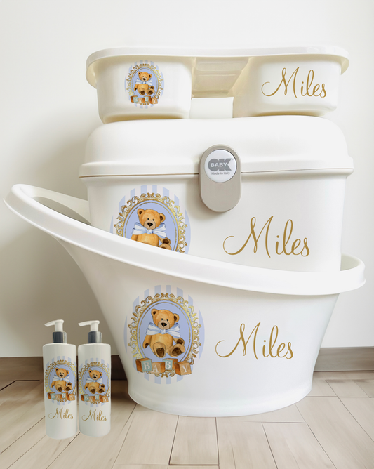 Shnuggle bath Personalised set Stripe Vintage Bear Blue