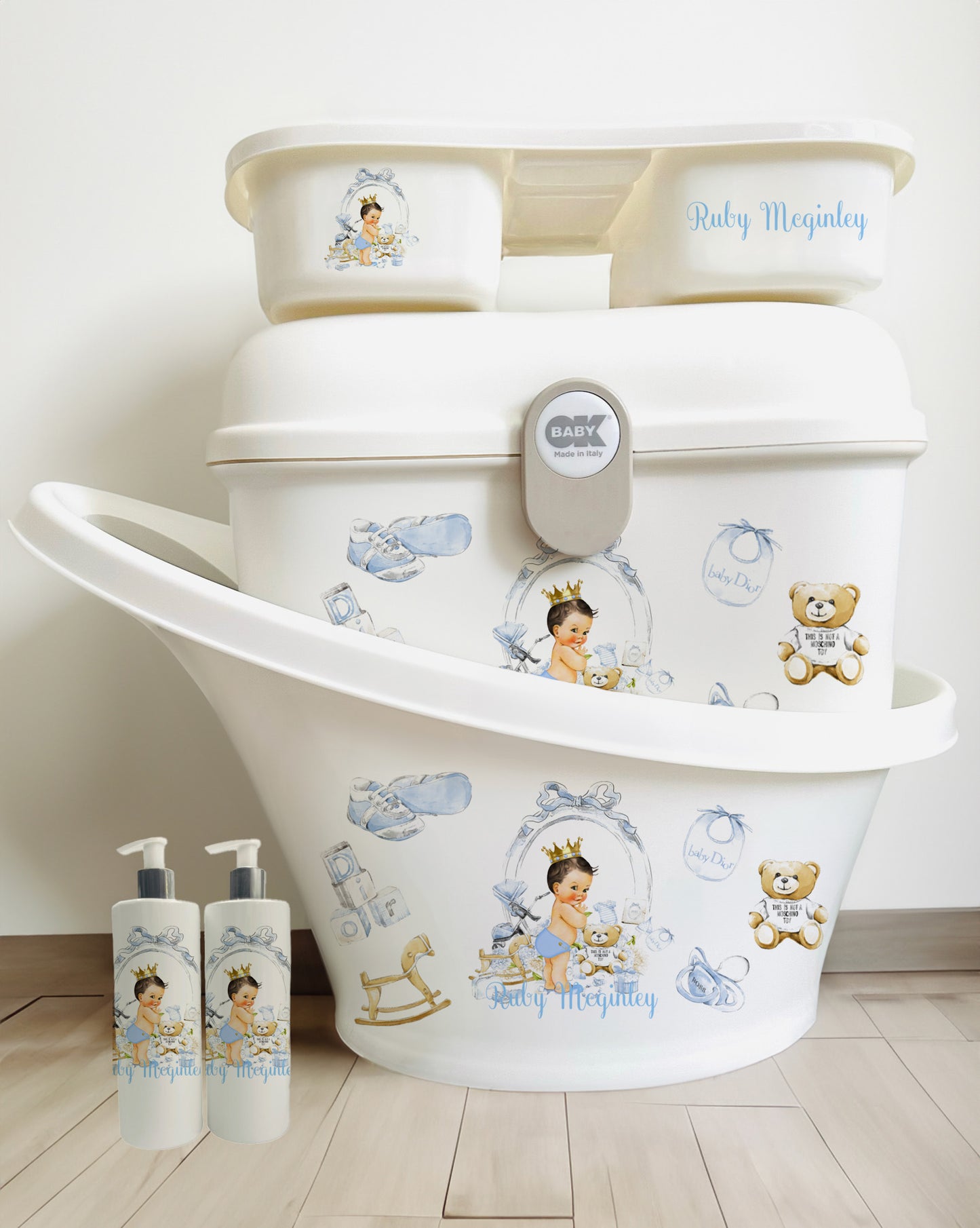 Shnuggle bath personalised set Lux blue brow hair baby