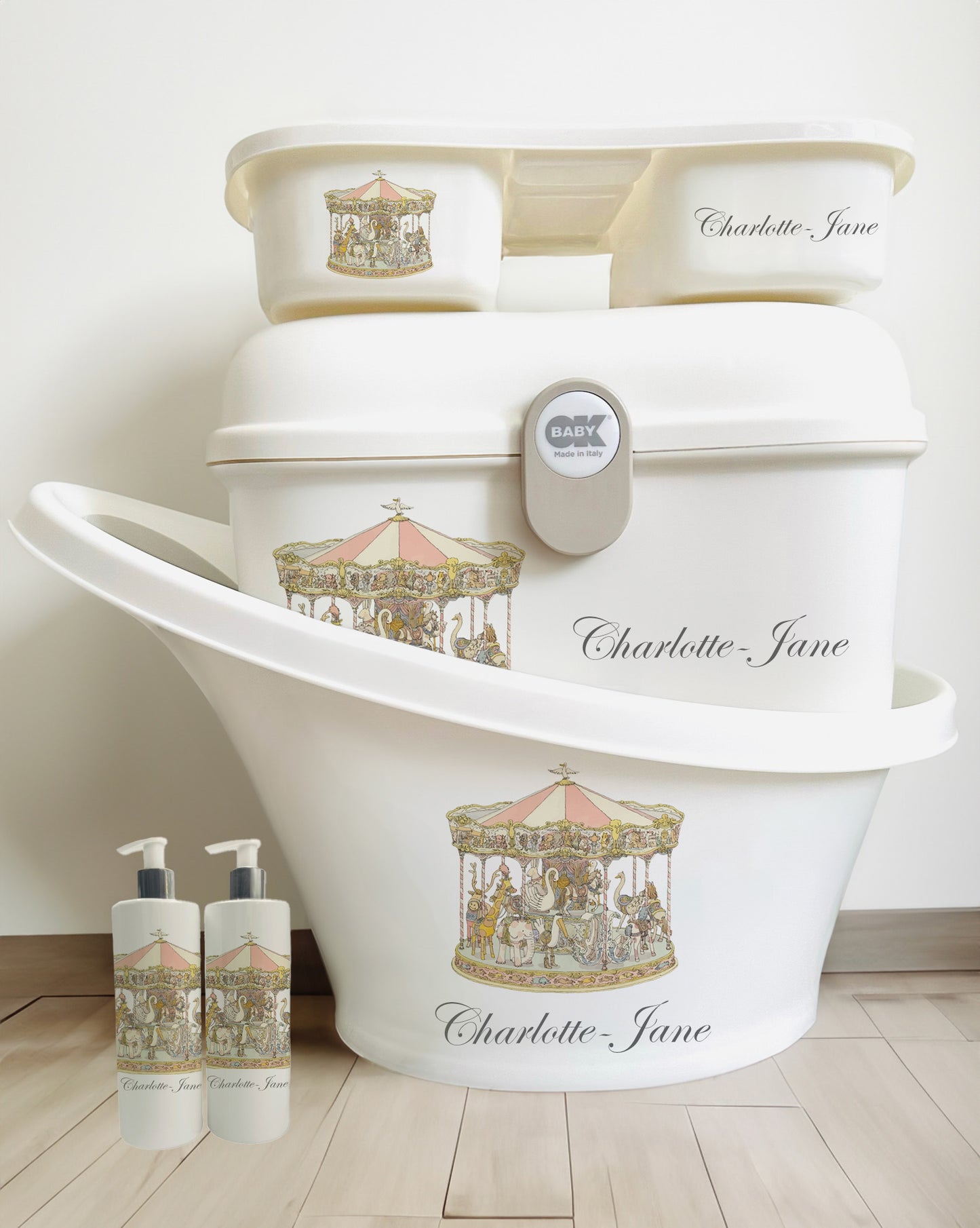 Shnuggle bath personalised set Cream vintage horse