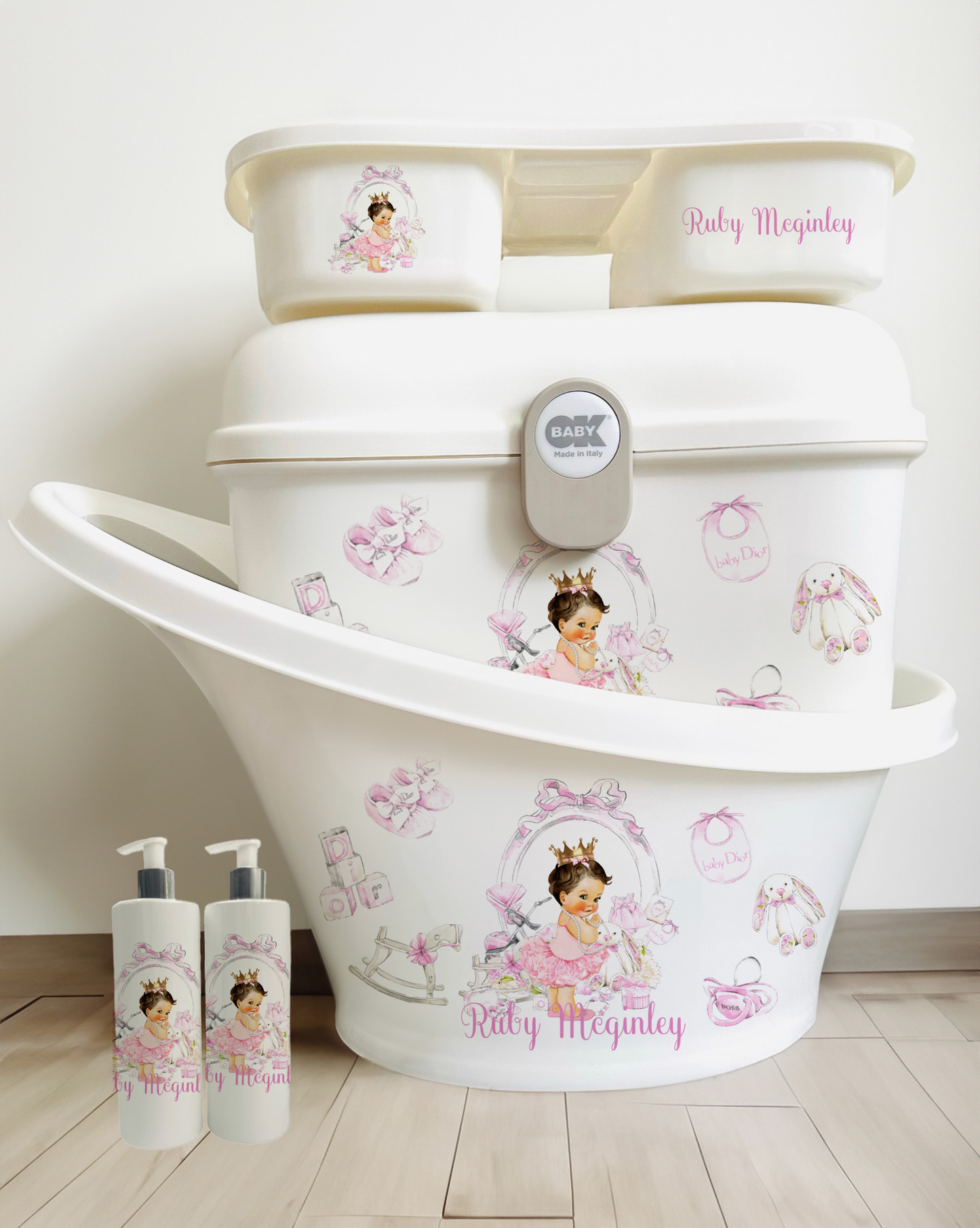 Shnuggle bath personalised set Lux Pink Brown Hair Baby