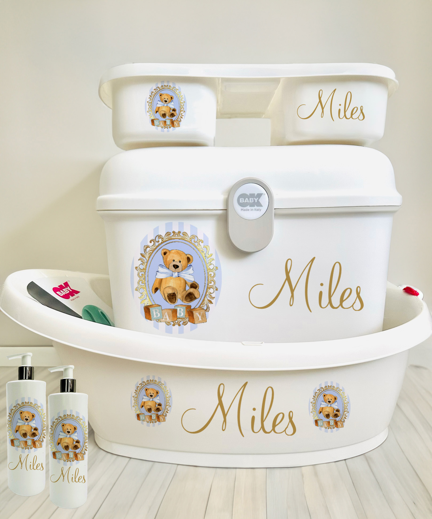 Ok Baby Personalised Vintage Stripe Bear Bath set Blue