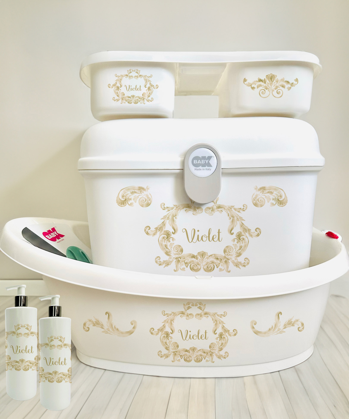 Ok Baby Personalised Swirls Gold Bath set