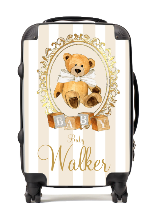 Personalised Suitcase stipe bear cream